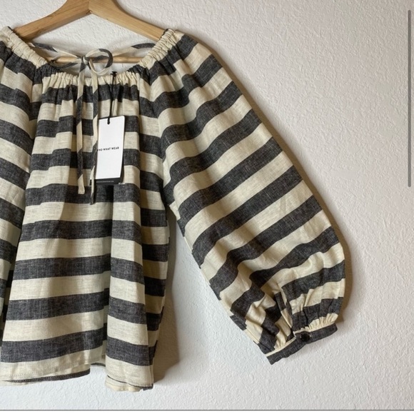 Who What Wear Linen Blend Striped Off the Shoulder Ballon Sleeve Blouse Size S - Picture 4 of 4